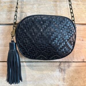 Anthropologie Black Leather Woven Crossbody Bag with Tassel